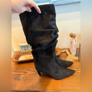 Black Slouch Knee High Boots Faux Suede Size 11 wide Y2K Goth Kitten heel NWT